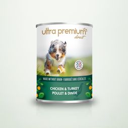 Boîte de pâtée pour chien sans céréales au poulet & dinde sur fond vert clair