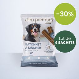 Sachet de 16 bâtonnets à mâcher pour chien de +25kg, sur fond blanc