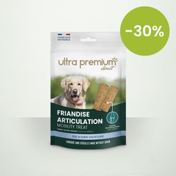Sachet de friandises articulation sans céréales pour chien, sur fond blanc