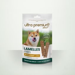 Sachet de friandise lamelles riche en poulet sur fond vert