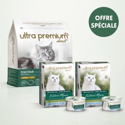 Pack bi-nutrition composé d'un sac de 7 kg de croquettes sans céréales au poulet pour chat adulte stérilisé, et de 72 boîtes de mousse sans céréales pour chat adulte au poulet & à la sole, sur fond vert clair