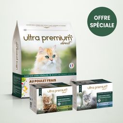 Pack bi-nutrition composé d'un sac de croquettes sans céréales au poulet frais pour chat stérilisé, sur fond vert clair, et de 96 sachets fraîcheur