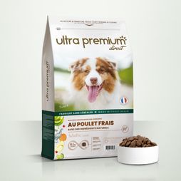 Croquettes sans céréales au poulet frais pour chien adulte de toutes tailles en sac de 12 kg sur fond blanc