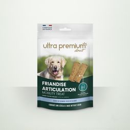 Sachet de friandises articulation sans céréales pour chien, sur fond blanc