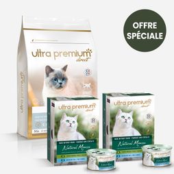 Pack bi-nutrition composé d'un sac de 5 kg de croquettes Care pour chat adulte stérilisé système urinaire, et de 36 boîtes de mousse sans céréales pour chat adulte à la sole & au poulet, sur fond blanc