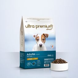Super Premium Brokken voor kleine volwassen hond in een zak van 12 kg op een lichtblauwe achtergrond