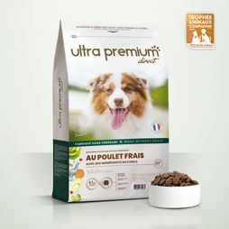 Graanvrije Brokken met verse kip voor volwassen hond van alle groottes in een zak van 12 kg op een witte achtergrond