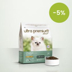 Graanvrije Brokken voor kittens in een zak van 3 kg op een lichtgroene achtergrond