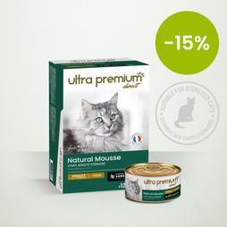 Doosje graanvrije mousse voor gesteriliseerd volwassen kat met kip op groene ondergrond