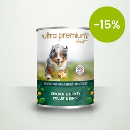 Doos graanvrij hond met kip & kalkoen op een lichtgroene achtergrond