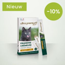 Doos met romige vloeibare kattensnoepjes op groene achtergrond