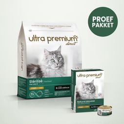Dubbel voeding voor gesteriliseerd kat bestaande uit 3 kg graanvrije brokken met kip voor gesteriliseerd volwassen kat, en 12 blikjes graanvrij schuim voor gesteriliseerd volwassen kat met kip, op een lichtgroene achtergrond