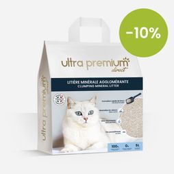 Samenklonterende minerale kattenbakvulling 5L in 100% natuurlijke klei, op witte ondergrond