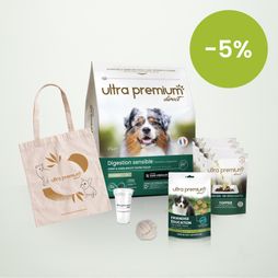Welkomstpakket voor puppy's met een gevoelige spijsvertering van alle groottes, op een lichtgroene achtergrond