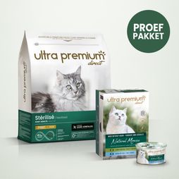 Dubbel voeding bestaande uit een zak graanvrije brokken van 3 kg voor gesteriliseerd volwassen kat en 12 blikjes graanvrije mousse voor volwassen kat met kip & tong, op een lichtgroene achtergrond