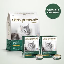 Dubbel voeding voor gesteriliseerd kat bestaande uit 7 kg graanvrije brokken met kip voor gesteriliseerd volwassen kat, en 72 blikjes graanvrij schuim voor gesteriliseerd volwassen kat met kip, op een lichtgroene achtergrond