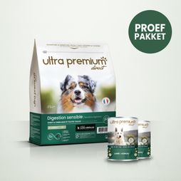 Dubbel voeding bestaande uit een zak graanvrije brokken van 4 kg voor hond met een gevoelige spijsvertering en 2 blikjes met lam, op een lichtgroene ondergrond