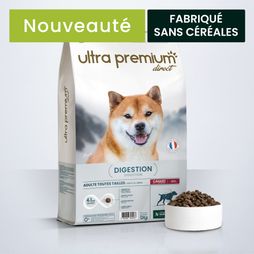 Croquettes Care pour chien Digestion de toutes tailles sur fond bleu