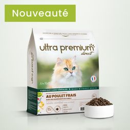 Visuel du produit "croquettes au poulet frais pour chat stérilisé" sur fond blanc