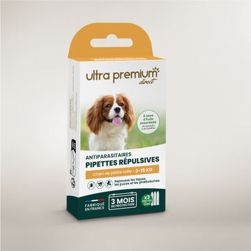 Pipettes répulsives antiparasitaires pour chien de petite taille (2 à 15 kg), sur fond blanc