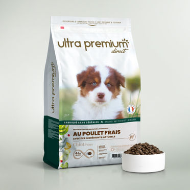 Croquettes sans céréales au poulet frais pour chiot de toutes tailles en sac de 12 kg sur fond blanc