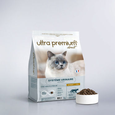 Croquettes Care pour chat adulte stérilisé système urinaire en sac de 5 kg sur fond gris clair