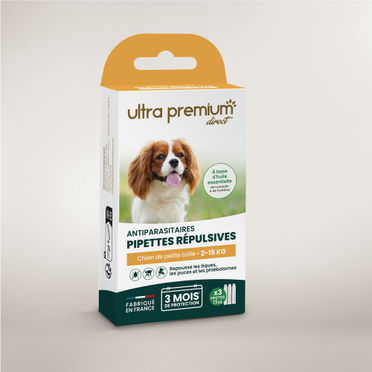 Pipettes répulsives antiparasitaires pour chien de petite taille (2 à 15 kg), sur fond blanc