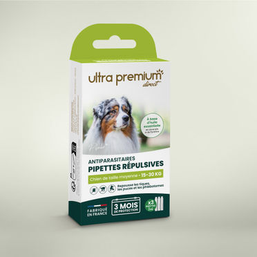 Pipettes répulsives antiparasitaires pour chien de taille moyenne (15 à 30 kg), sur fond blanc
