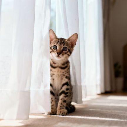 chaton tabby à côté du rideau de fenêtre