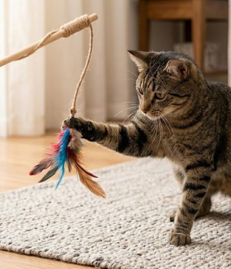 chat tabby gris jouant avec sa canne à pêche