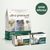Pack bi-nutrition composé d'un sac de 7 kg croquettes sans céréales au saumon pour chat adulte stérilisé, et de 96 émincés en sauce sans céréales pour chat dont 48 saveur saumon & cabillaud et 48 saveur poulet & dinde, sur fond vert clair