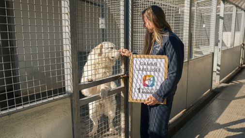 Employée Ultra Premium Direct dans un refuge qui caresse un chien avec le cadre Label 1% Pour Les Animaux à la main.