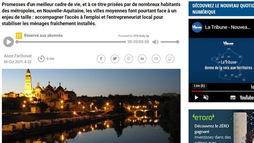 Article de La Tribune intitulé : "Attirer les entreprises et travailleurs : le défi des villes moyennes néo-aquitaines"