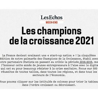 Article Les Echos intitulé : "Les champions de la croissance 2021"