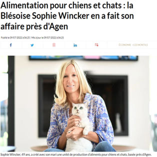 Article de La Nouvelle République : "Alimentation pour chiens et chats : la Blésoise Sophie Wincker en a fait son affaire près d'Agen"