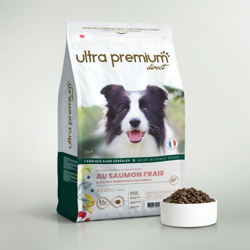 Croquettes sans céréales au saumon frais pour chien adulte de toutes tailles en sac de 12 kg sur fond blanc