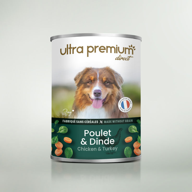Boîte de pâtée pour chien sans céréales au poulet & dinde sur fond vert clair