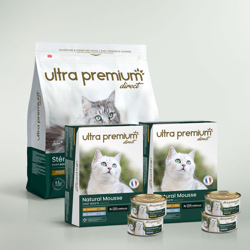 Pack bi-nutrition composé d'un sac de 7 kg de croquettes sans céréales au poulet pour chat adulte stérilisé, et de 72 boîtes de mousse sans céréales pour chat adulte au poulet & à la sole, sur fond vert clair