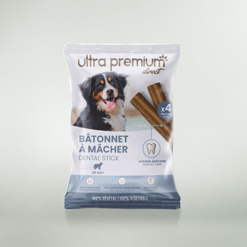 Verpakking van 16 kauwsticks voor honden zwaarder dan 25 kg, op een witte achtergrond