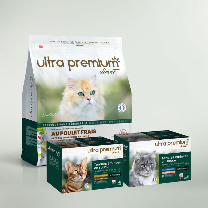 Twee-voedingspakket bestaande uit een zak graanvrije verse kipkroketten voor gesteriliseerde katten, op een lichtgroene achtergrond, en 96 vershoudzakjes.