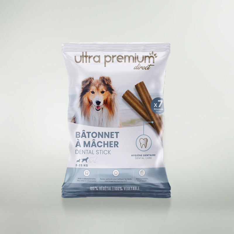 Sachet de 28 bâtonnets à mâcher pour chien de 2 à 25kg, sur fond blanc