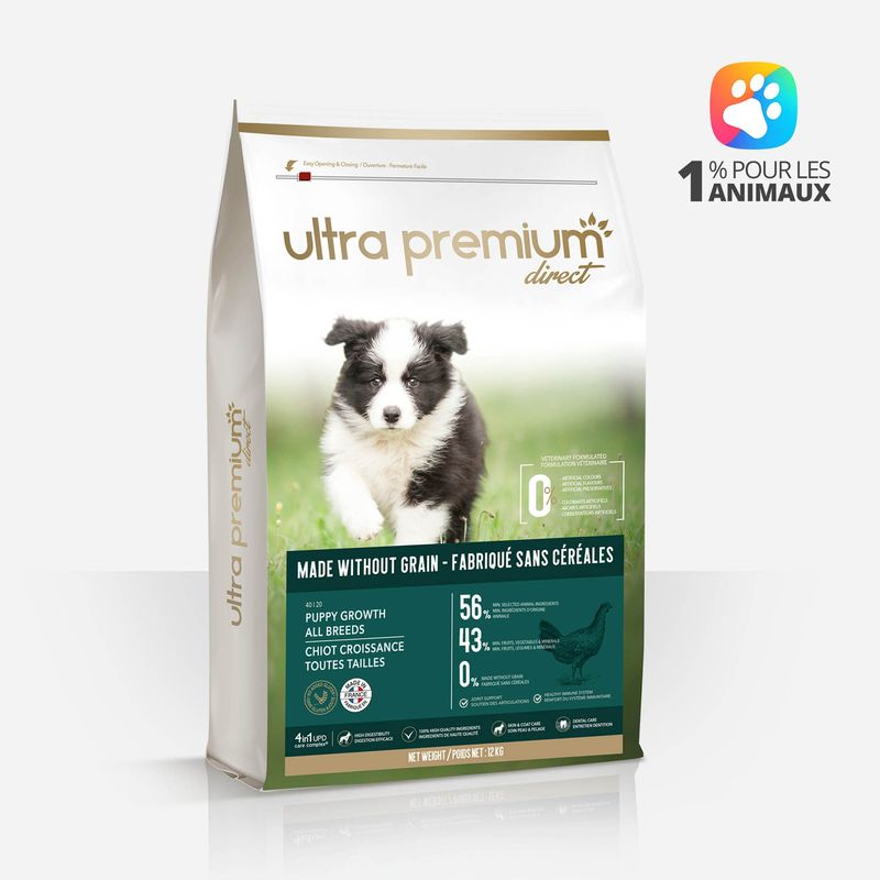 Croquettes sans céréales pour chiot croissance de toutes tailles en sac de 12 kg sur fond blanc