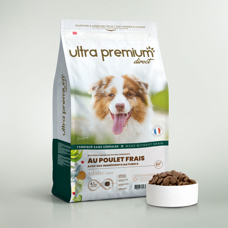 Croquettes sans céréales au poulet frais pour chien adulte de toutes tailles en sac de 12 kg sur fond blanc
