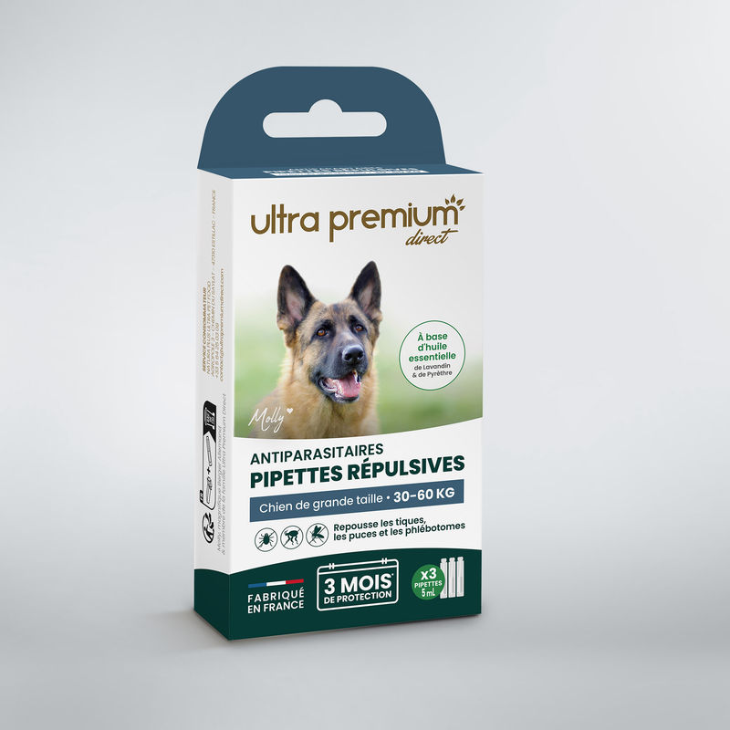 Pipettes répulsives antiparasitaires pour chien de grande taille (30 à 60 kg), sur fond blanc