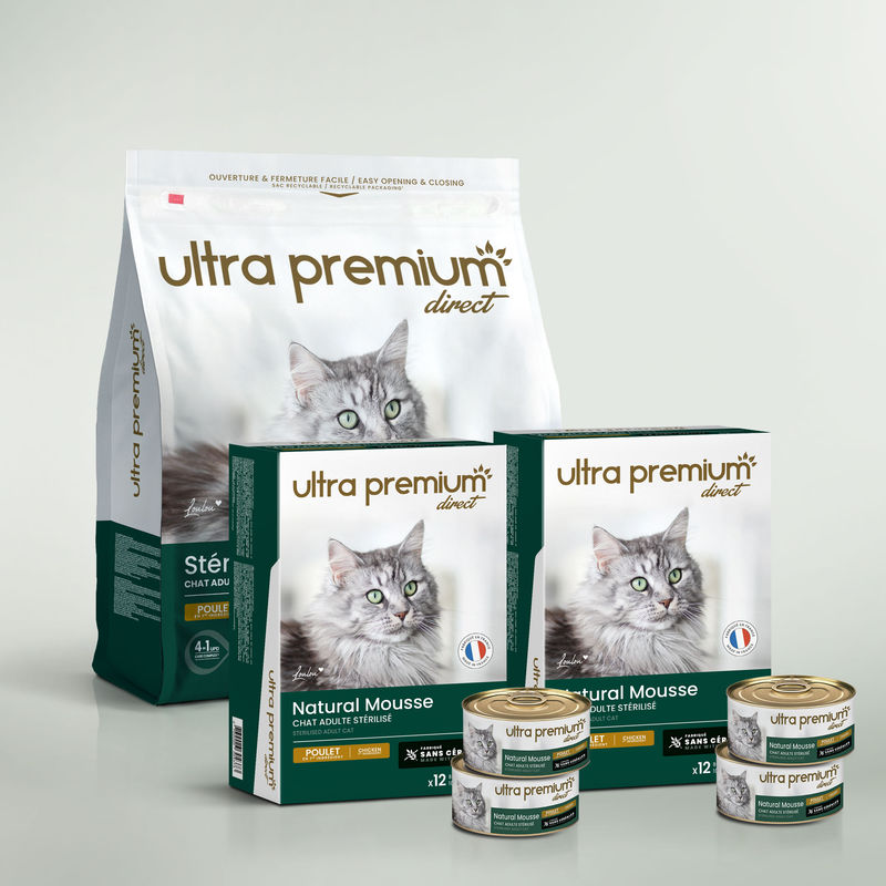 Pack bi-nutrition pour chat stérilisé composé de 7 kg croquettes sans céréales au poulet pour chat adulte stérilisé, et de 72 boîtes de mousse sans céréales pour chat adulte stérilisé au poulet, sur fond vert clair