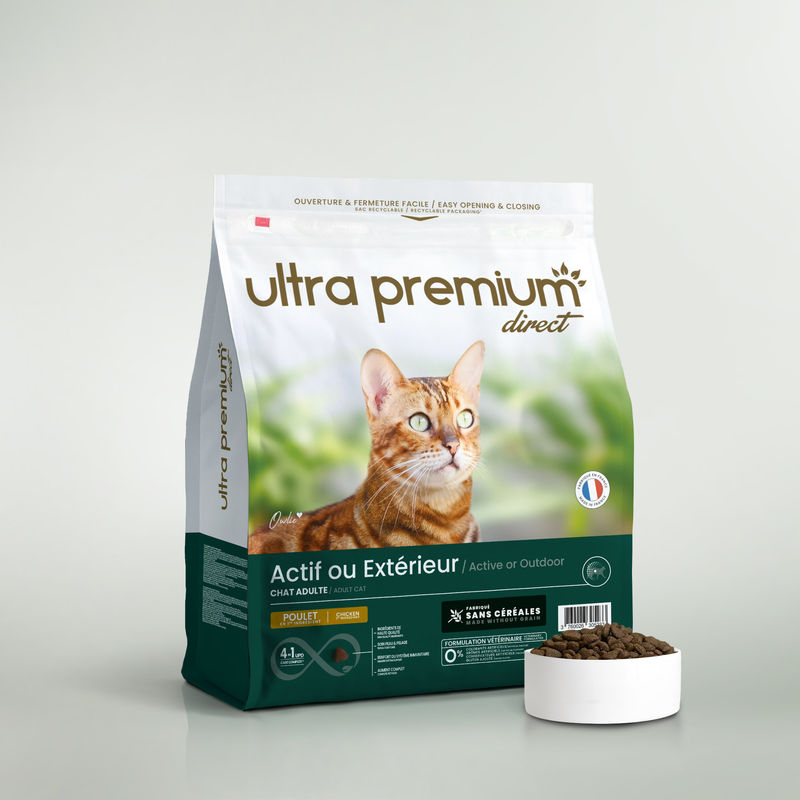 Croquettes sans céréales pour chat adulte actif ou d'extérieur en sac de 7 kg sur fond vert clair