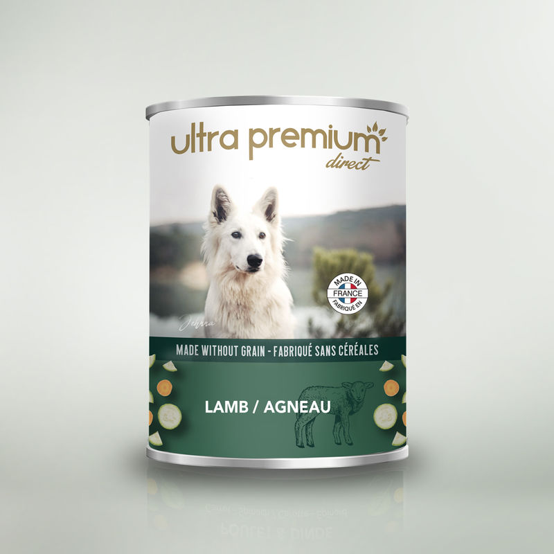 Boîte de pâtée pour chien sans céréales à l'agneau sur fond vert clair