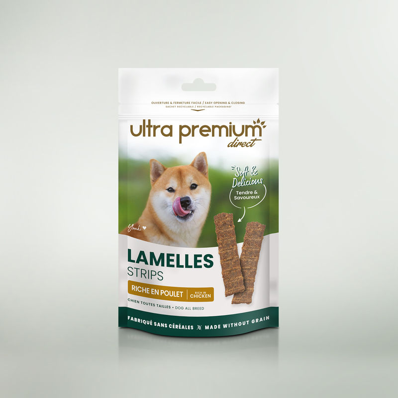 Sachet de friandise lamelles riche en poulet sur fond vert