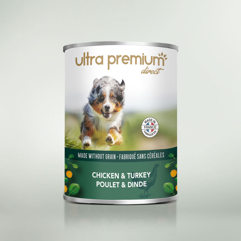 Doos graanvrij hond met kip & kalkoen op een lichtgroene achtergrond