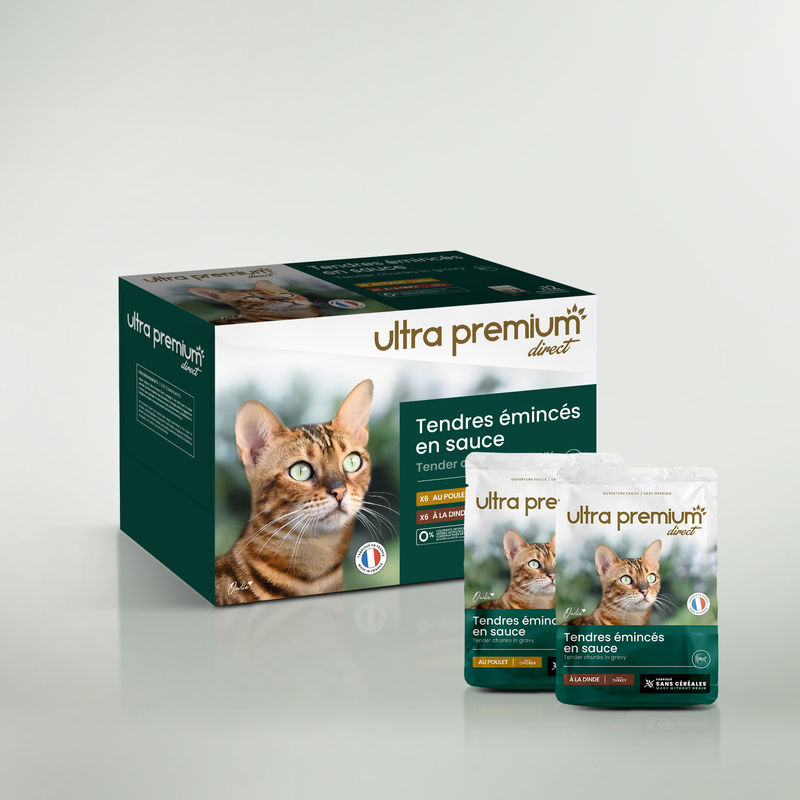 Gesneden vlees in graanvrije saus voor kat met kip & kalkoen op een lichtgroene ondergrond